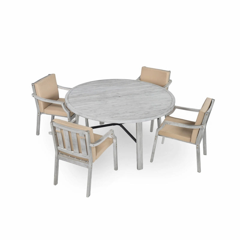 4-Person Outdoor Wooden Dinning Set with 1 Umbrella Hole & Removable Cushions