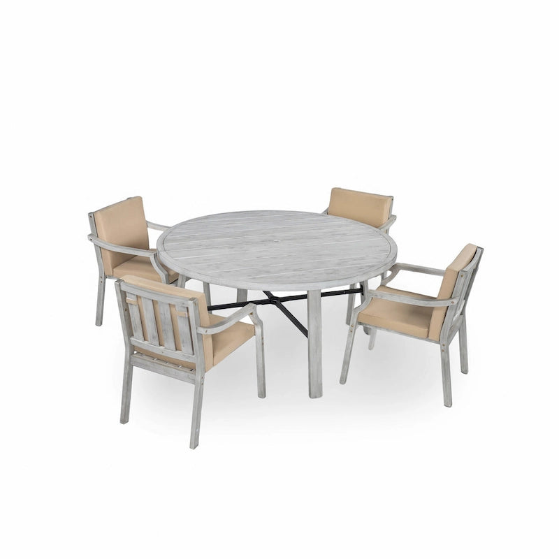4-Person Outdoor Wooden Dinning Set with 1 Umbrella Hole & Removable Cushions