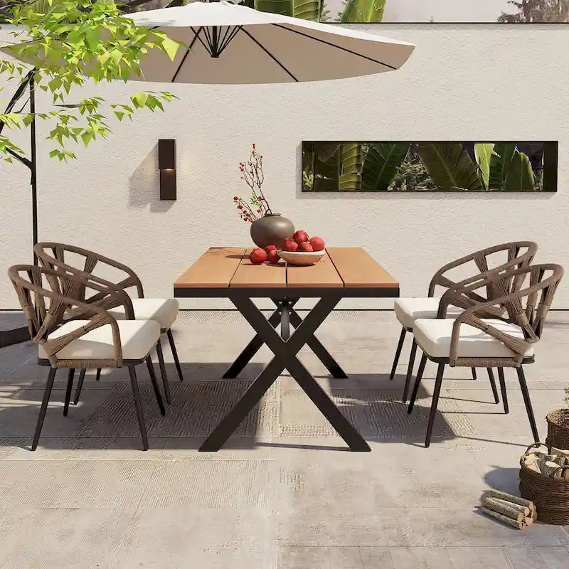 Contemporary Outdoor Set with PE Rattan Chairs and Plastic Wood Table