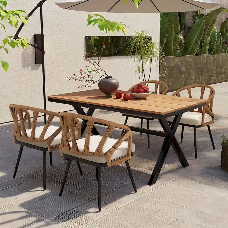 Contemporary Outdoor Set with PE Rattan Chairs and Plastic Wood Table