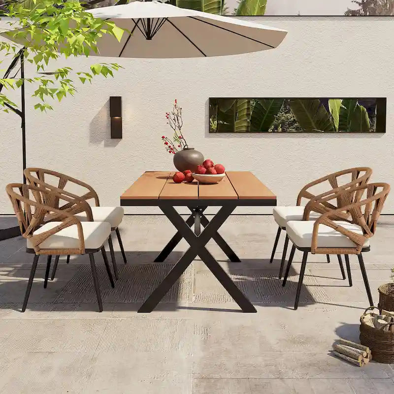 Contemporary Outdoor Set with PE Rattan Chairs and Plastic Wood Table