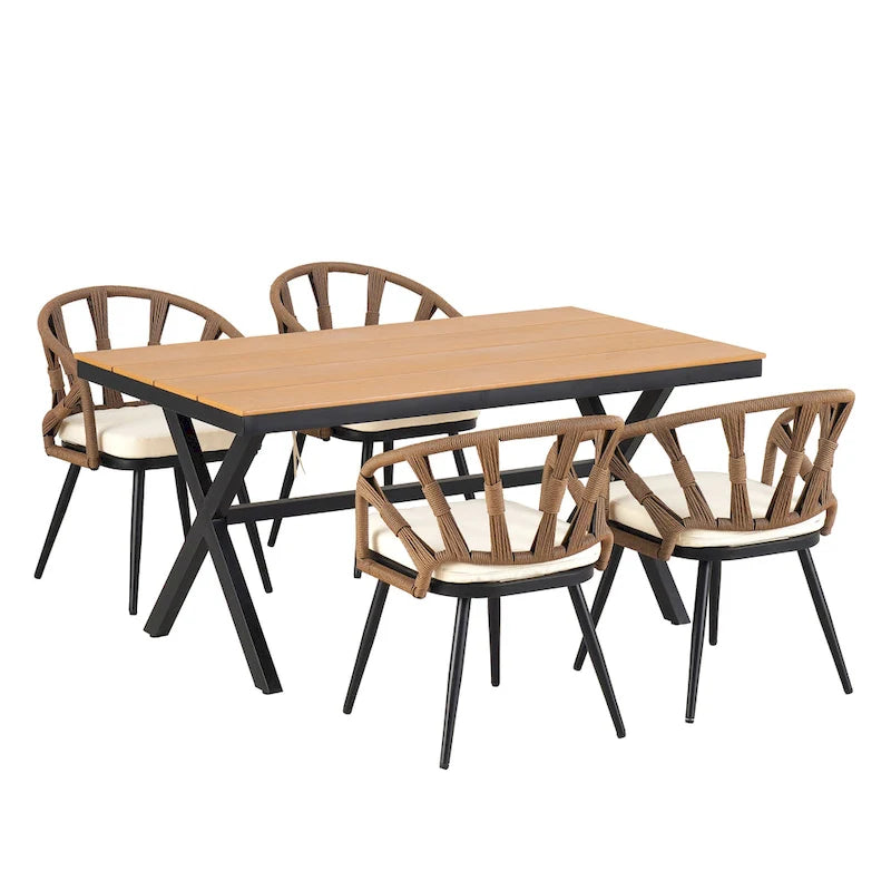 Contemporary Outdoor Set with PE Rattan Chairs and Plastic Wood Table
