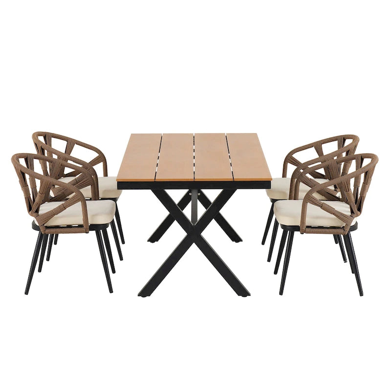 Contemporary Outdoor Set with PE Rattan Chairs and Plastic Wood Table