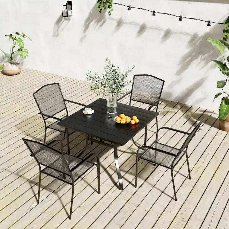 Clihome Outdoor 5 Piece Patio Dining Table Steel Mesh Chair Set, Limited Time Free Patio Umbrella