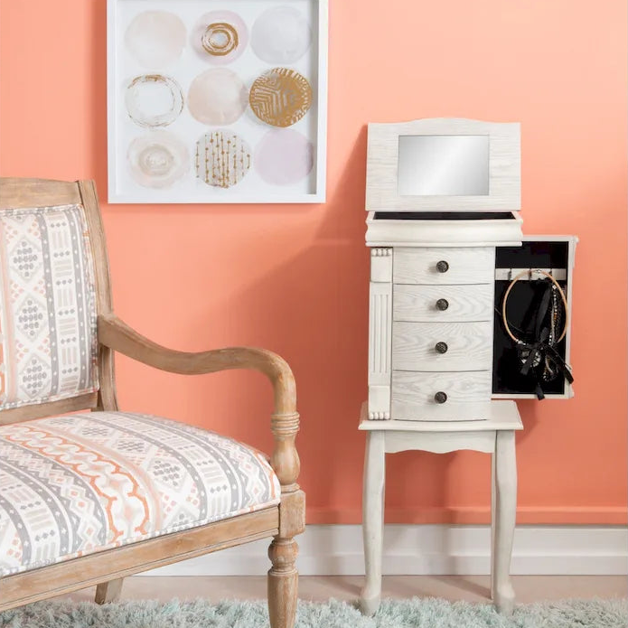 Jewelry Armoire with Mirror & Drawers – Cream White, 4 Drawers & 6 Hooks