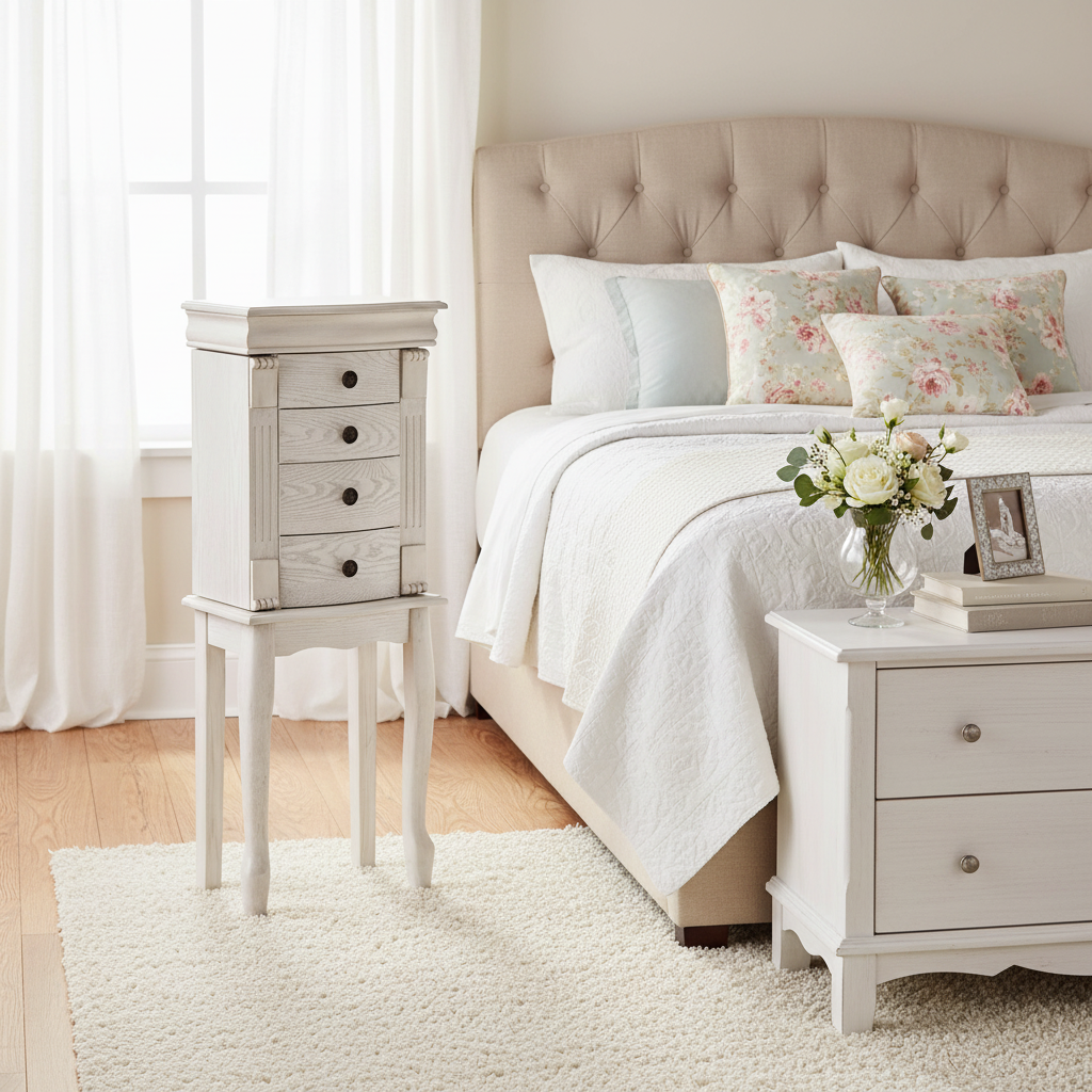 Jewelry Armoire with Mirror & Drawers – Cream White, 4 Drawers & 6 Hooks