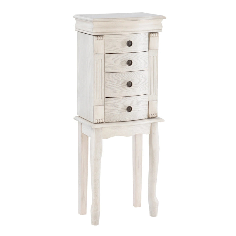 Jewelry Armoire with Mirror & Drawers – Cream White, 4 Drawers & 6 Hooks