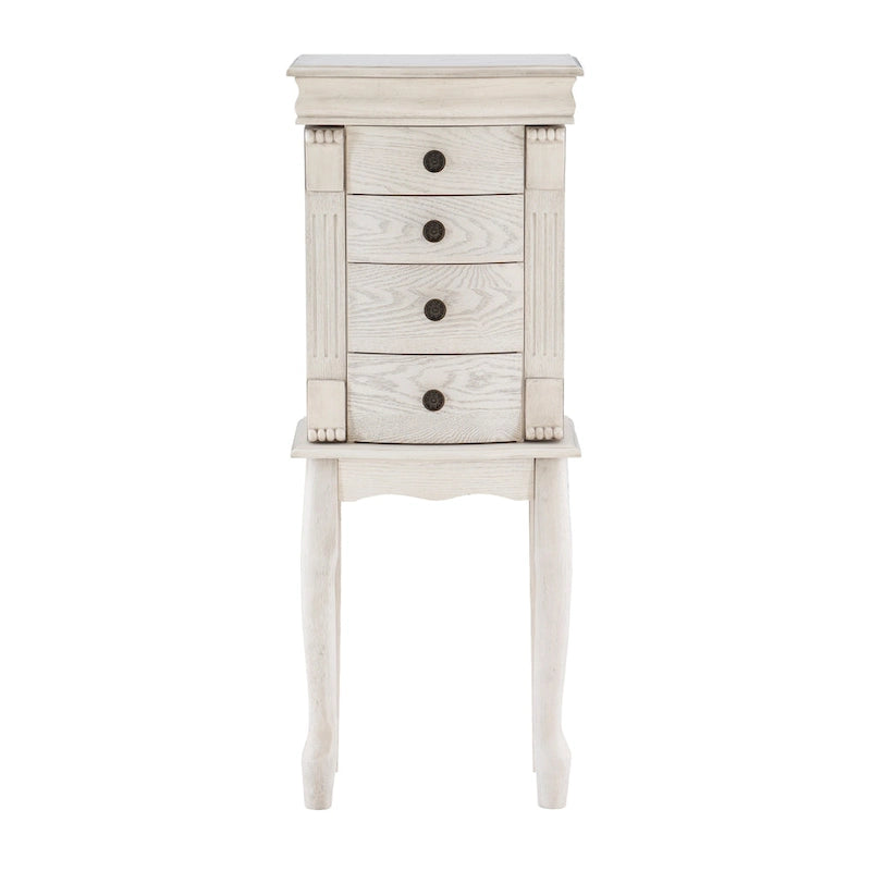 Jewelry Armoire with Mirror & Drawers – Cream White, 4 Drawers & 6 Hooks