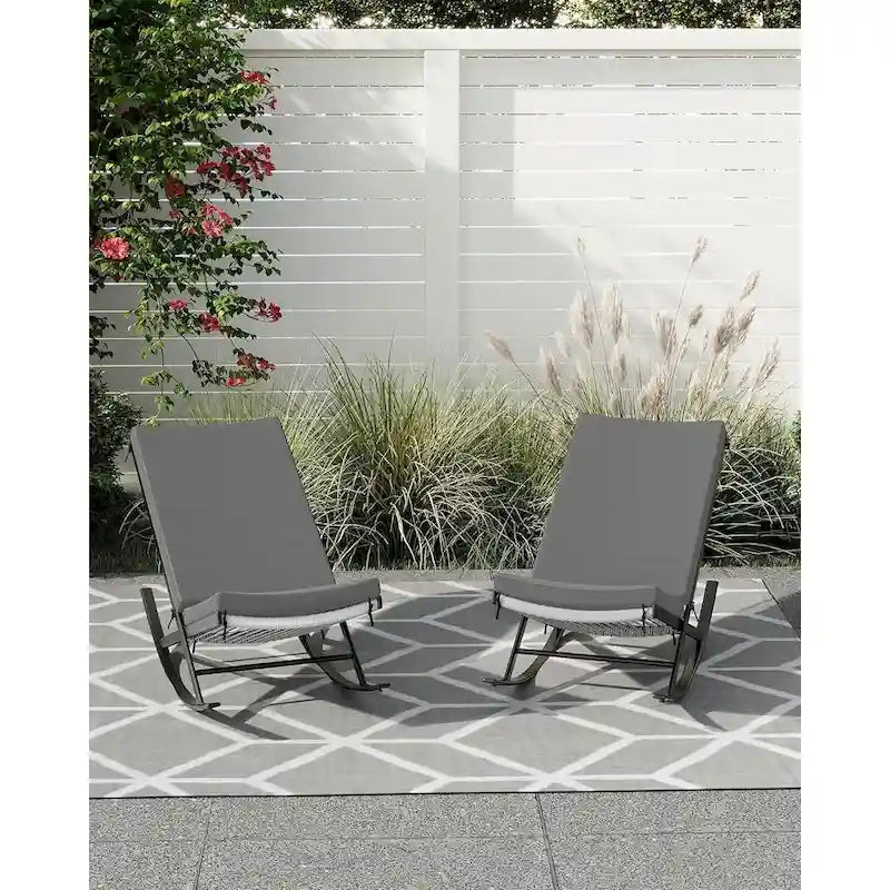 2-Piece Outdoor Rocking Chairs with Thick Cushion and Iron Frame