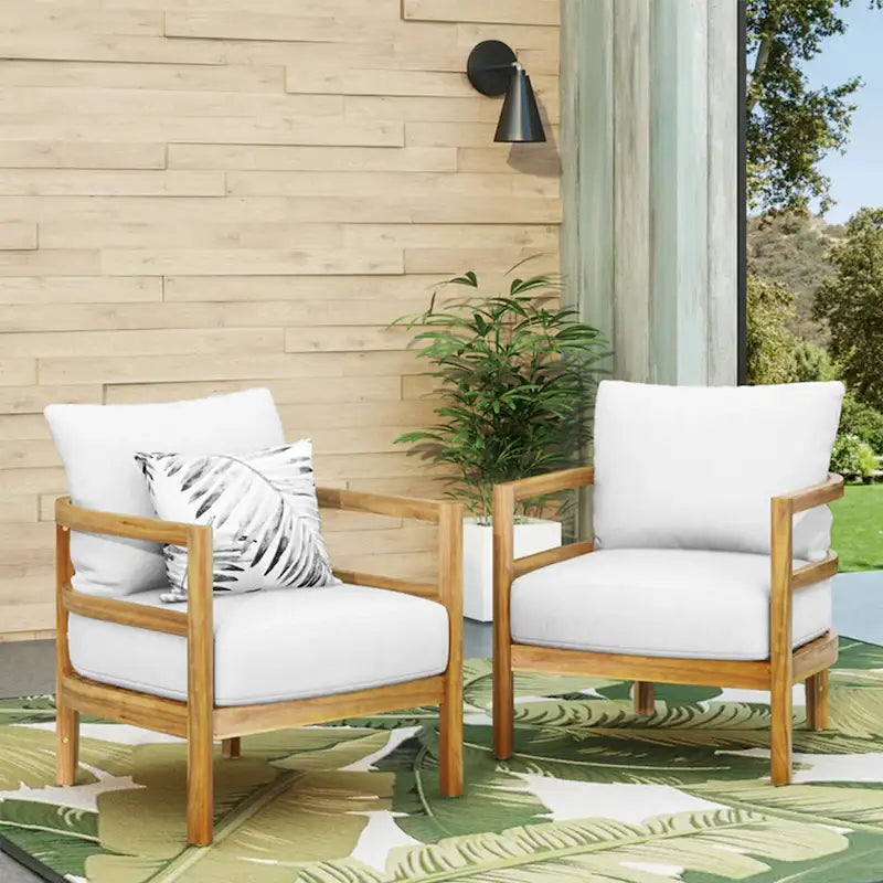 Set of 2, Outdoor Acacia Wood Patio Club Chair, Wood Patio Furniture,Waterproof Thick Cushion Deep Seating