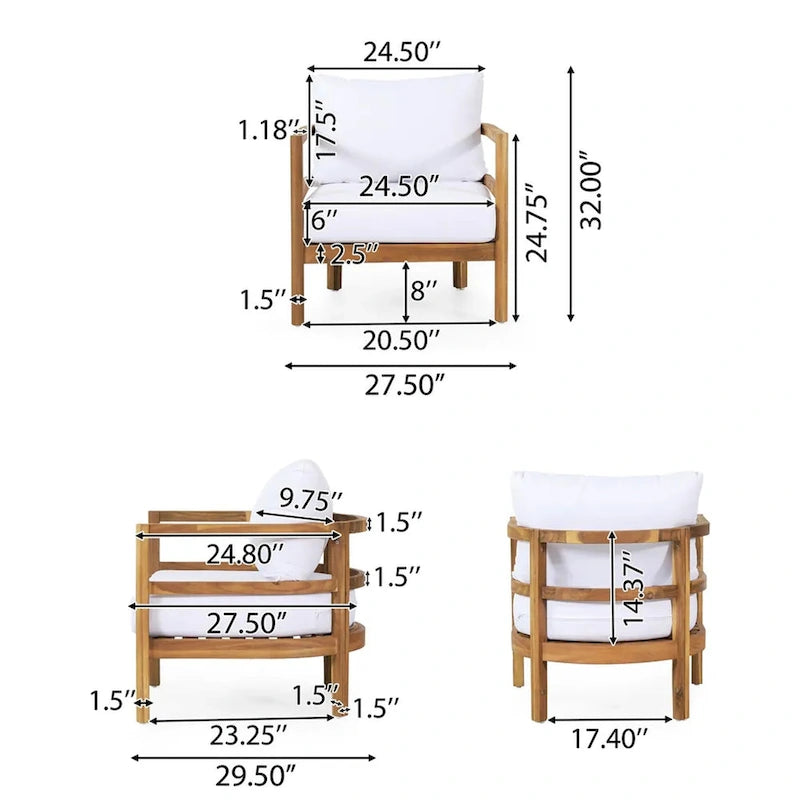 Set of 2, Outdoor Acacia Wood Patio Club Chair, Wood Patio Furniture,Waterproof Thick Cushion Deep Seating