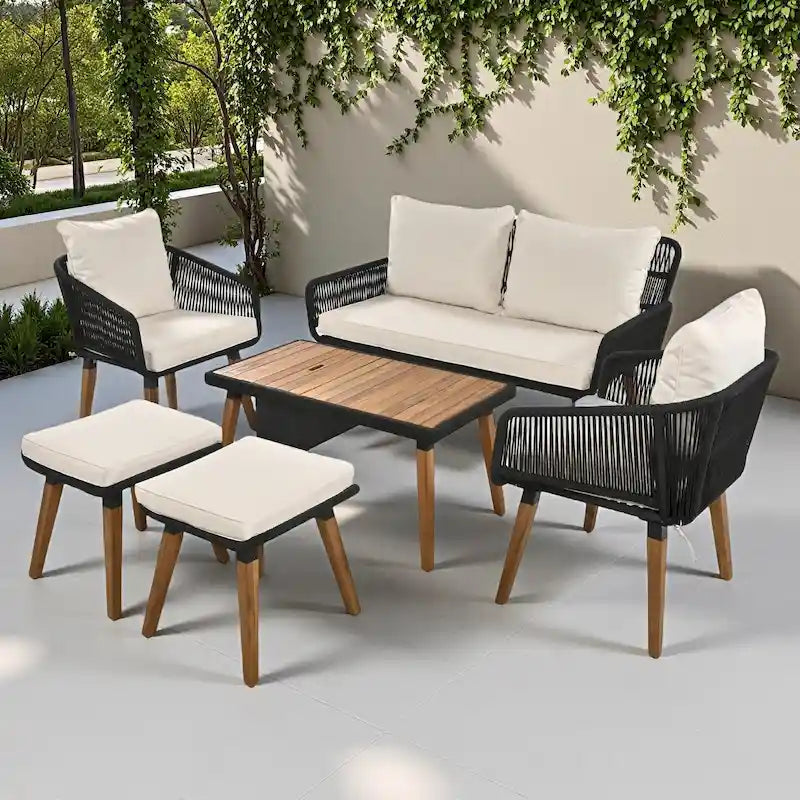 6-Piece Outdoor Patio Rope Conversation Sofa Set with Acacia Wood Cool Bar Table and 2 Stools