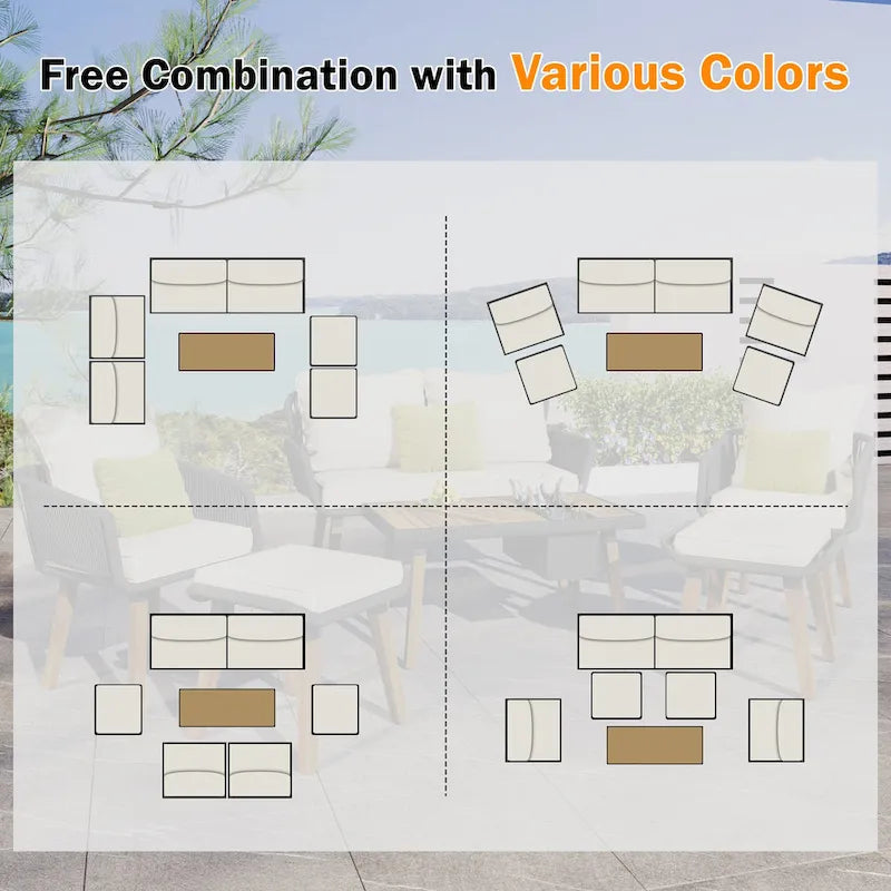 6-Piece Outdoor Patio Rope Conversation Sofa Set with Acacia Wood Cool Bar Table and 2 Stools