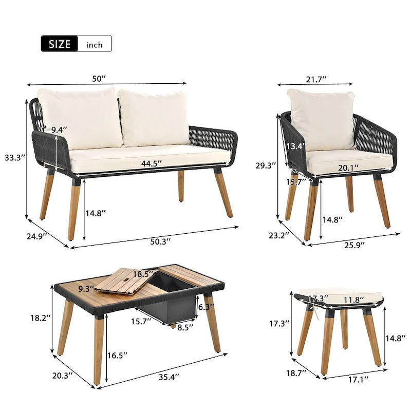 6-Piece Outdoor Patio Rope Conversation Sofa Set with Acacia Wood Cool Bar Table and 2 Stools