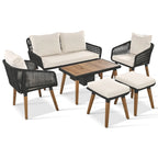 6-Piece Outdoor Patio Rope Conversation Sofa Set with Acacia Wood Cool Bar Table and 2 Stools