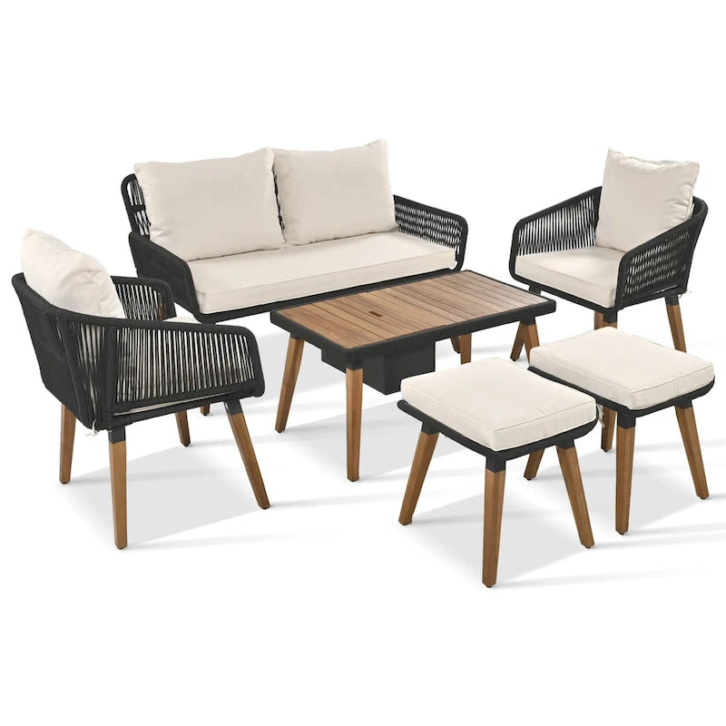 6-Piece Outdoor Patio Rope Conversation Sofa Set with Acacia Wood Cool Bar Table and 2 Stools