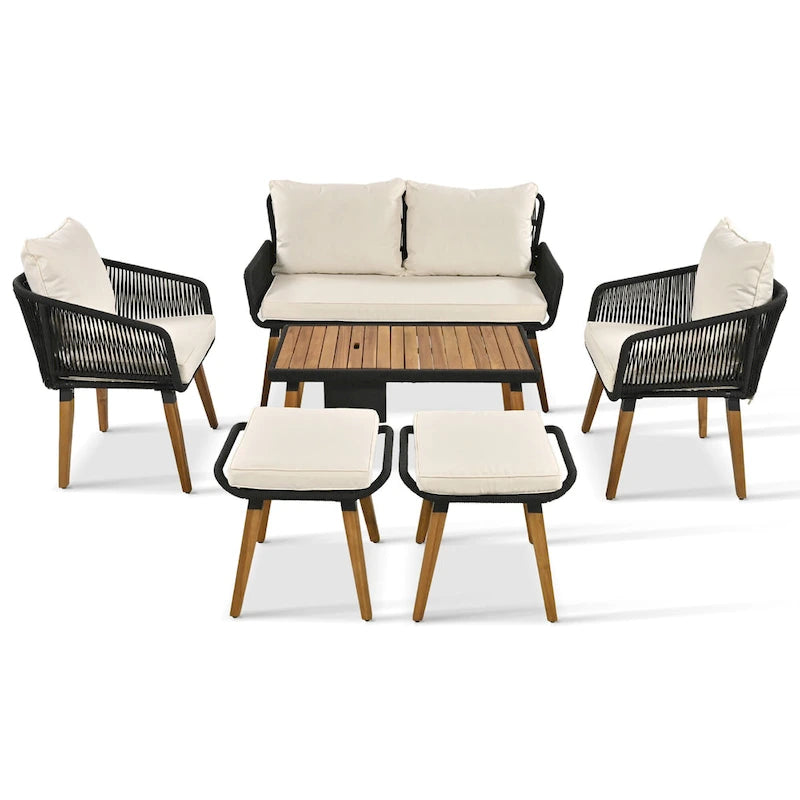 6-Piece Outdoor Patio Rope Conversation Sofa Set with Acacia Wood Cool Bar Table and 2 Stools