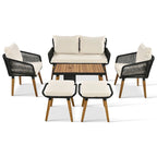6-Piece Outdoor Patio Rope Conversation Sofa Set with Acacia Wood Cool Bar Table and 2 Stools