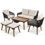 6-Piece Outdoor Patio Rope Conversation Sofa Set with Acacia Wood Cool Bar Table and 2 Stools