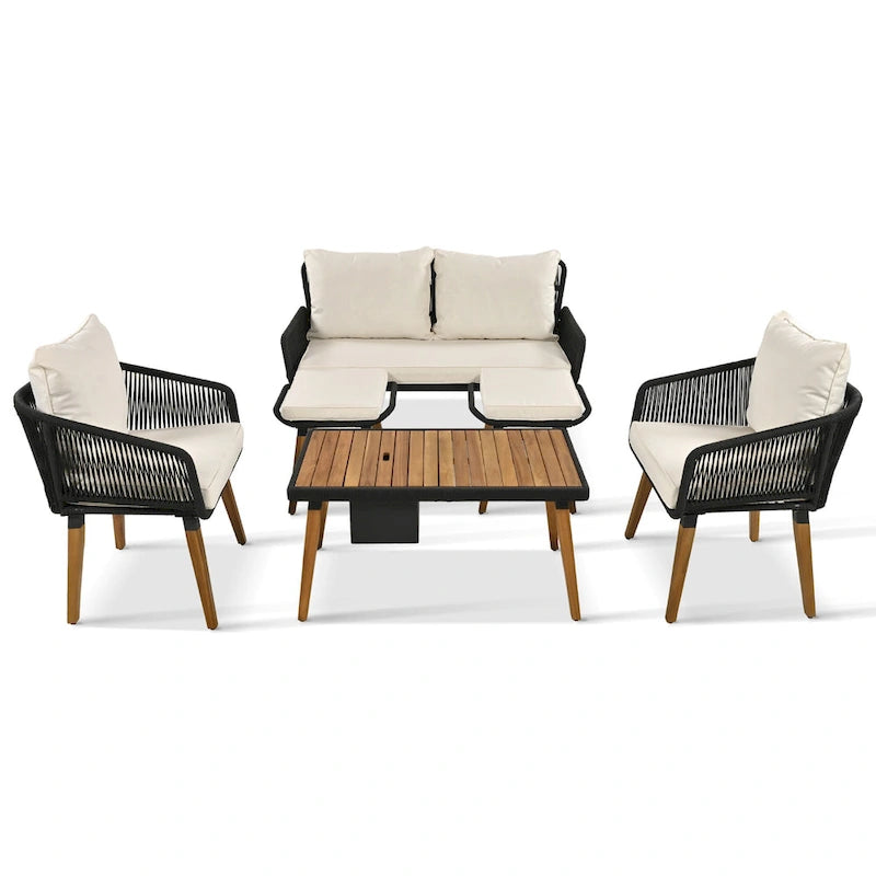 6-Piece Outdoor Patio Rope Conversation Sofa Set with Acacia Wood Cool Bar Table and 2 Stools