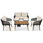 6-Piece Outdoor Patio Rope Conversation Sofa Set with Acacia Wood Cool Bar Table and 2 Stools