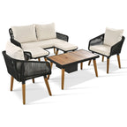 6-Piece Outdoor Patio Rope Conversation Sofa Set with Acacia Wood Cool Bar Table and 2 Stools