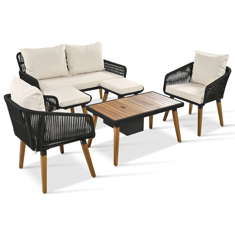 6-Piece Outdoor Patio Rope Conversation Sofa Set with Acacia Wood Cool Bar Table and 2 Stools