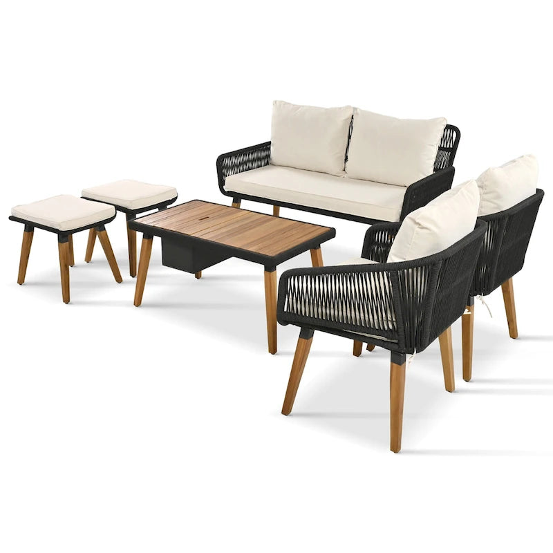 6-Piece Outdoor Patio Rope Conversation Sofa Set with Acacia Wood Cool Bar Table and 2 Stools