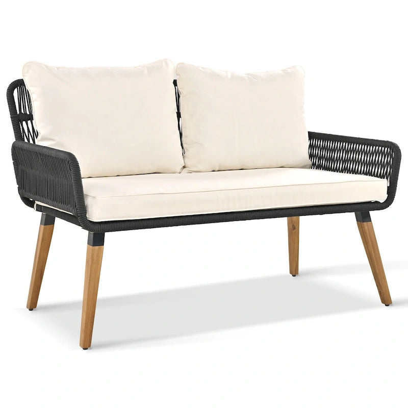 6-Piece Outdoor Patio Rope Conversation Sofa Set with Acacia Wood Cool Bar Table and 2 Stools