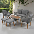 6-Piece Outdoor Patio Rope Conversation Sofa Set with Acacia Wood Cool Bar Table and 2 Stools