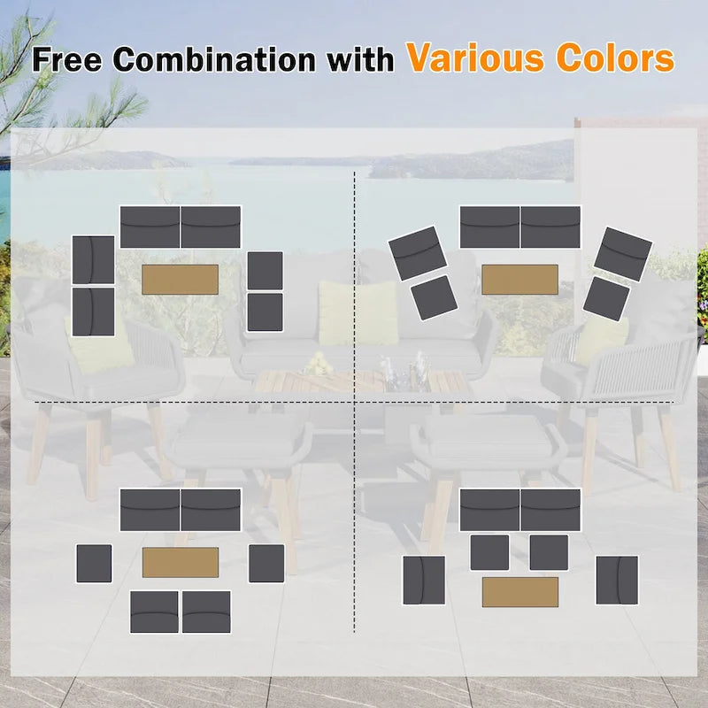 6-Piece Outdoor Patio Rope Conversation Sofa Set with Acacia Wood Cool Bar Table and 2 Stools
