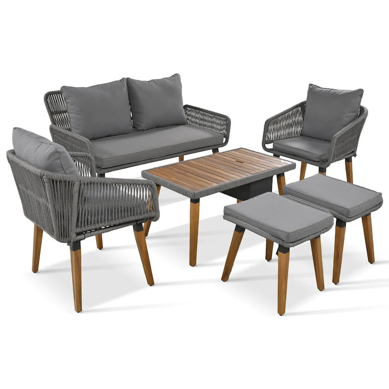 6-Piece Outdoor Patio Rope Conversation Sofa Set with Acacia Wood Cool Bar Table and 2 Stools