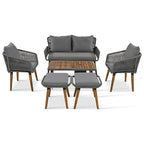 6-Piece Outdoor Patio Rope Conversation Sofa Set with Acacia Wood Cool Bar Table and 2 Stools