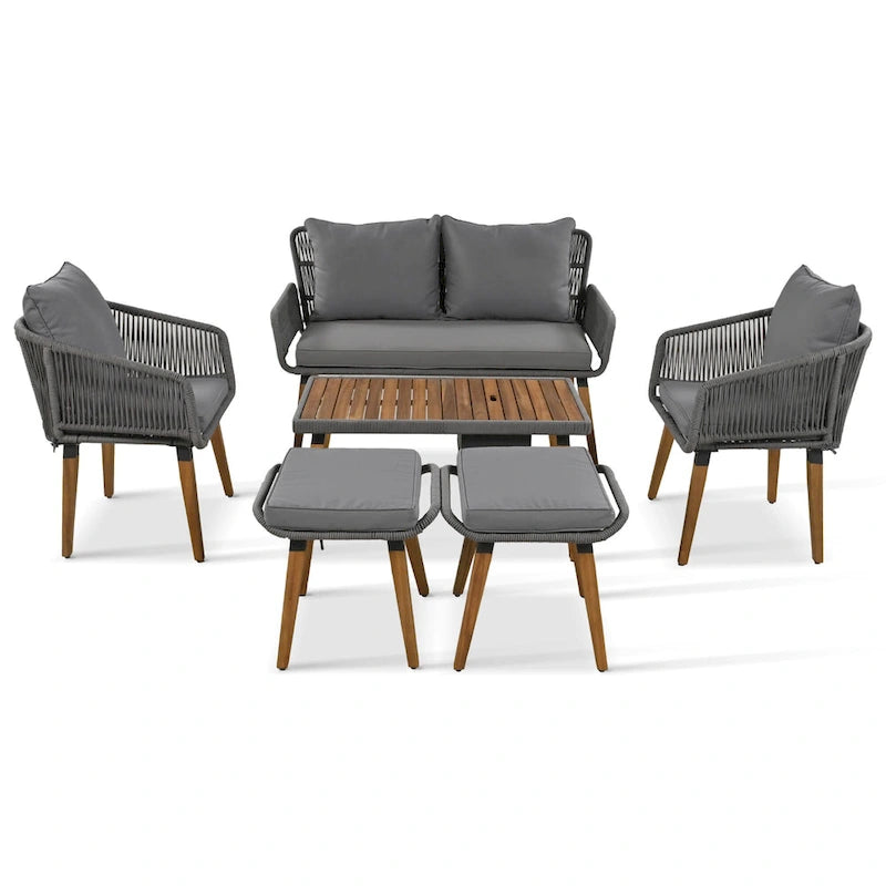 6-Piece Outdoor Patio Rope Conversation Sofa Set with Acacia Wood Cool Bar Table and 2 Stools