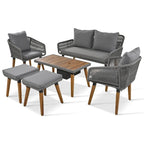 6-Piece Outdoor Patio Rope Conversation Sofa Set with Acacia Wood Cool Bar Table and 2 Stools