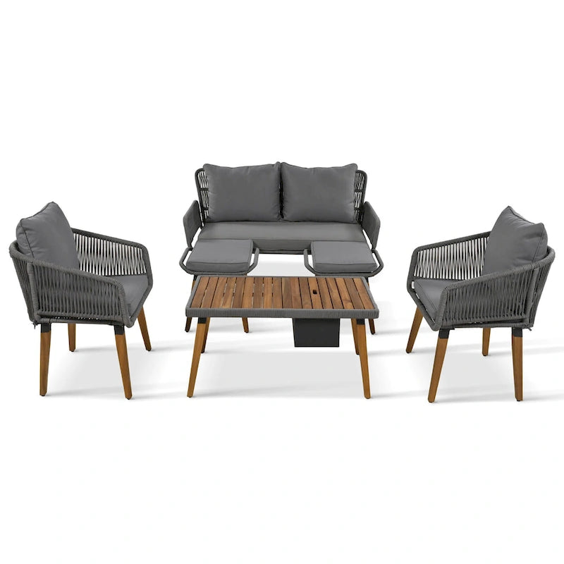 6-Piece Outdoor Patio Rope Conversation Sofa Set with Acacia Wood Cool Bar Table and 2 Stools
