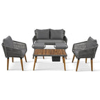 6-Piece Outdoor Patio Rope Conversation Sofa Set with Acacia Wood Cool Bar Table and 2 Stools