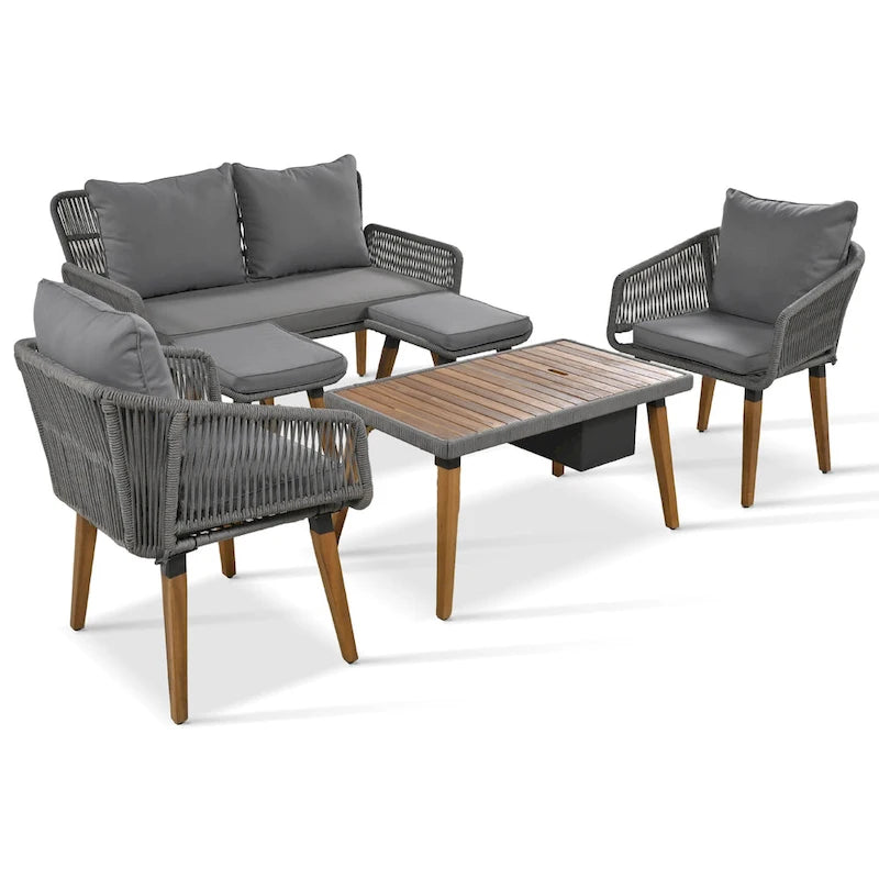 6-Piece Outdoor Patio Rope Conversation Sofa Set with Acacia Wood Cool Bar Table and 2 Stools