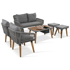 6-Piece Outdoor Patio Rope Conversation Sofa Set with Acacia Wood Cool Bar Table and 2 Stools