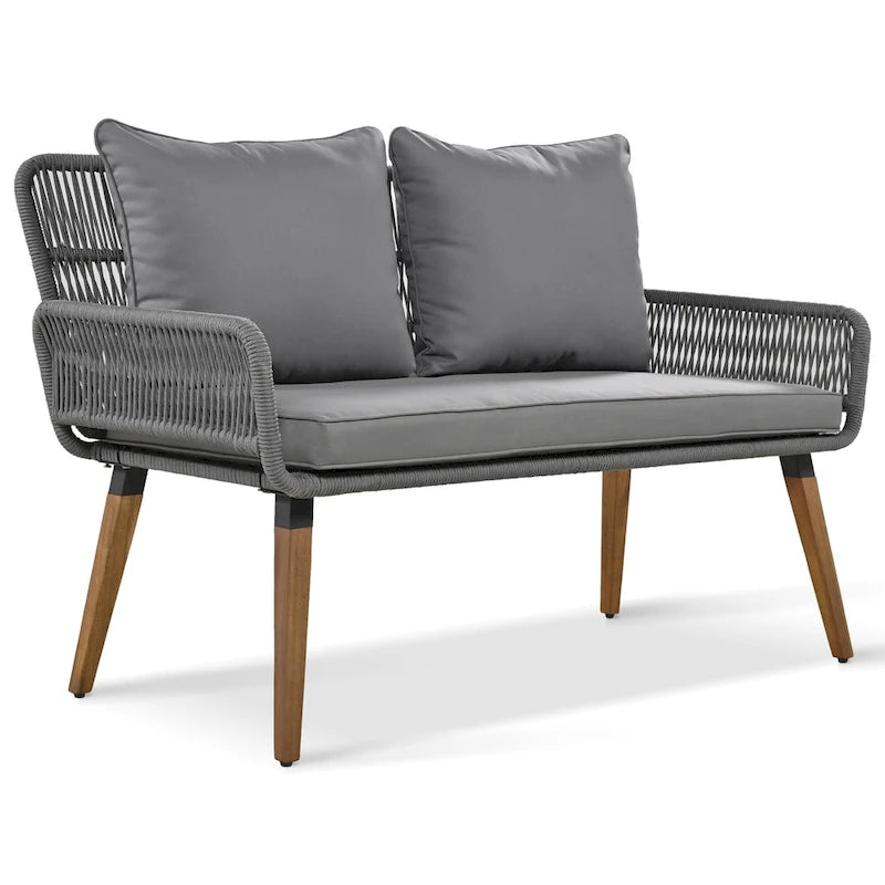 6-Piece Outdoor Patio Rope Conversation Sofa Set with Acacia Wood Cool Bar Table and 2 Stools
