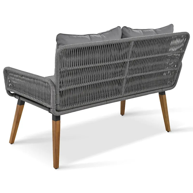 6-Piece Outdoor Patio Rope Conversation Sofa Set with Acacia Wood Cool Bar Table and 2 Stools