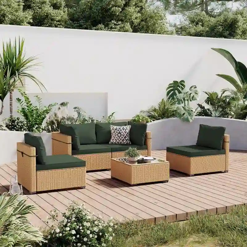 Patio Watcher 5-Pieces Yellow Rattan Conversation Set with Cusions for Outdoors