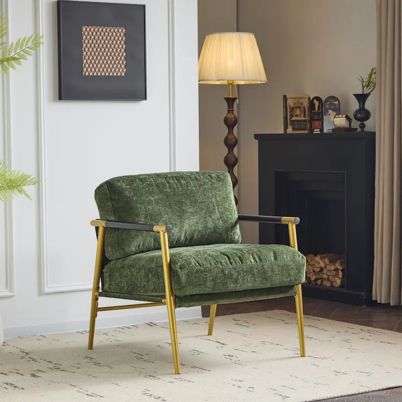 Accent Armchair – Grey / Gold Green, Metal Frame & Wood Armrests, Single Seat