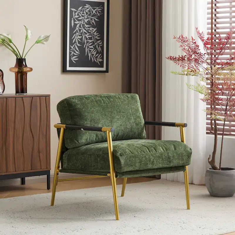 Accent Armchair – Grey / Gold Green, Metal Frame & Wood Armrests, Single Seat