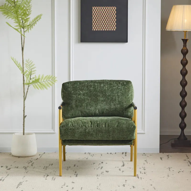 Accent Armchair – Grey / Gold Green, Metal Frame & Wood Armrests, Single Seat