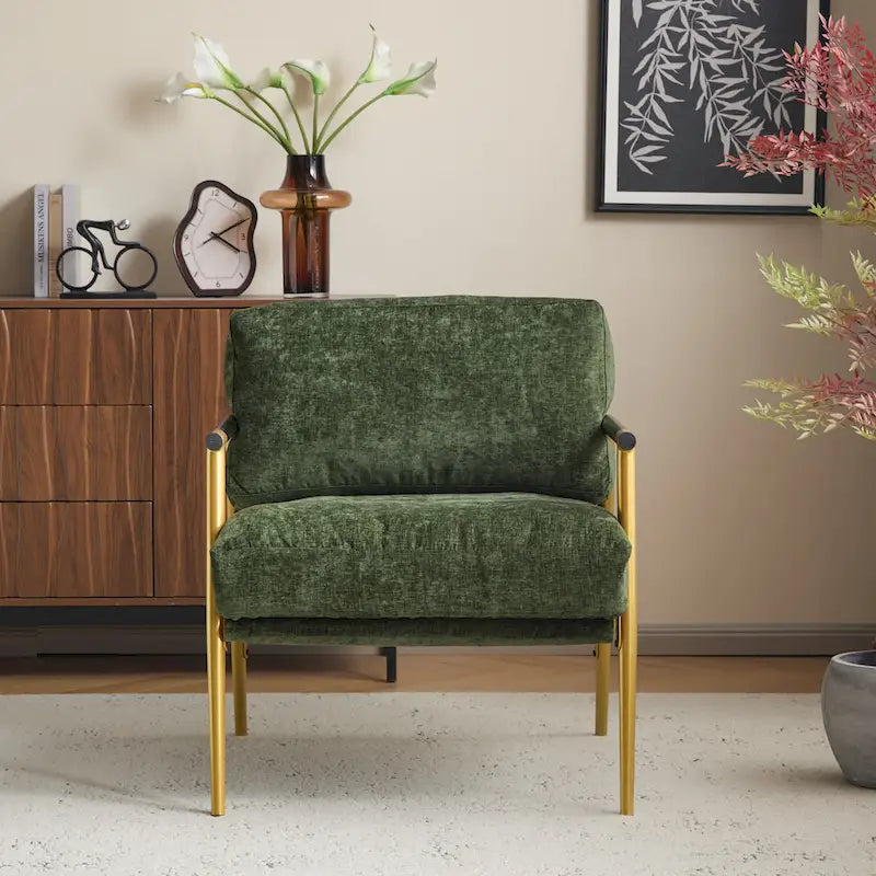 Accent Armchair – Grey / Gold Green, Metal Frame & Wood Armrests, Single Seat