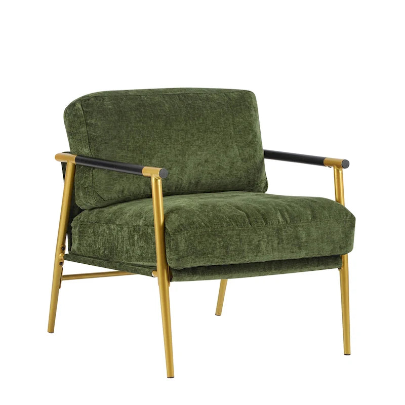 Accent Armchair – Grey / Gold Green, Metal Frame & Wood Armrests, Single Seat