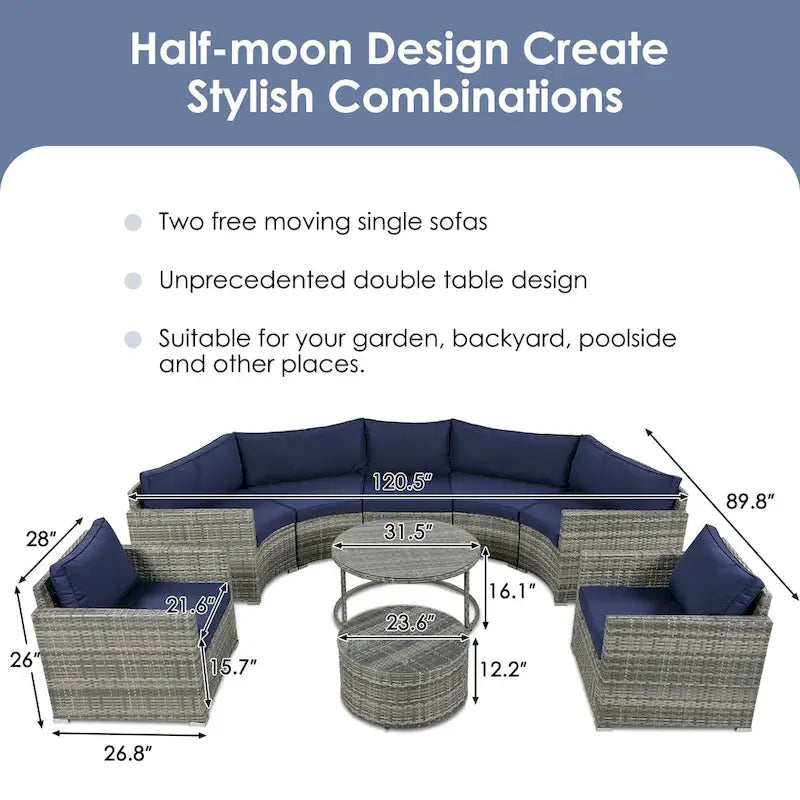 9-Piece Half-Moon Sectional Set with Nesting Table & Armchairs