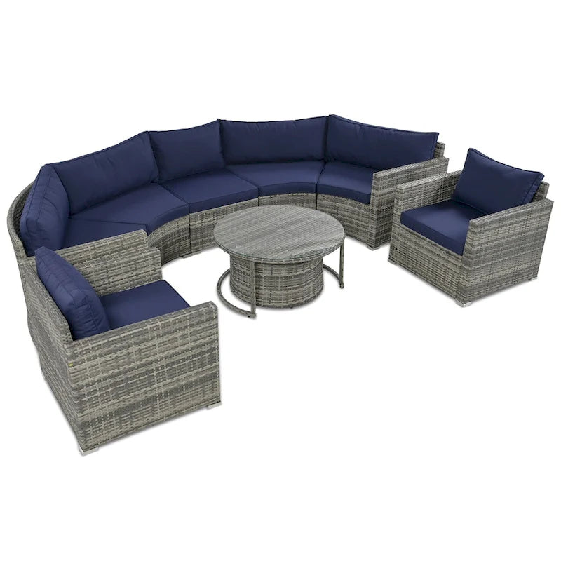 9-Piece Half-Moon Sectional Set with Nesting Table & Armchairs