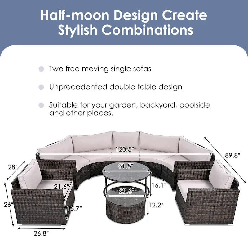 9-Piece Half-Moon Sectional Set with Nesting Table & Armchairs